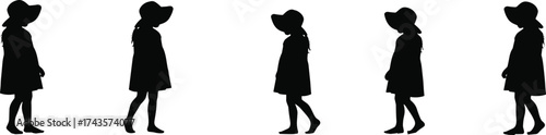 Silhouette of a girl walking in sequence, stylish hat and dress, isolated vector design, minimalist motion concept, children activity illustration