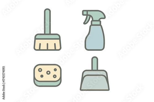 Four essential household cleaning tools including brush, spray bottle, sponge, and dustpan in pastel colors