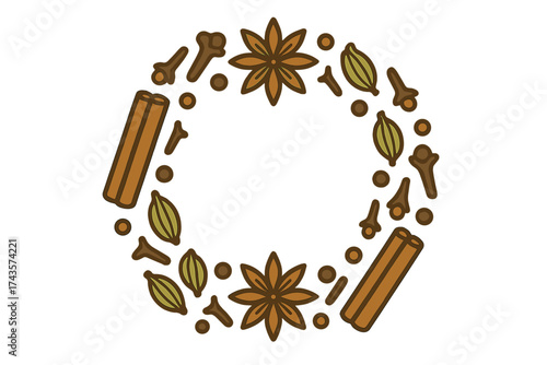Decorative circular frame arrangement of aromatic winter spices cinnamon star anise and cardamom