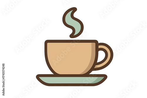 Stylized steaming hot beverage cup on a saucer in warm brown and mint green