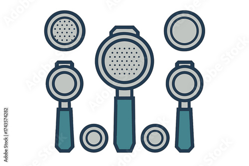 Set of icons showing espresso machine portafilters and filter baskets for coffee brewing