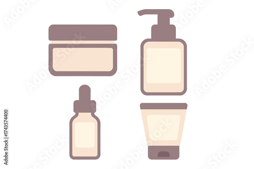 Minimalist set of four cosmetic product containers cream jar pump bottle dropper tube