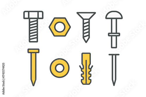Collection of construction and repair fasteners including bolts, nuts, screws, and nails