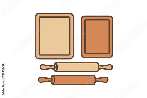 Set of wooden rolling pins and square preparation boards for kitchen baking