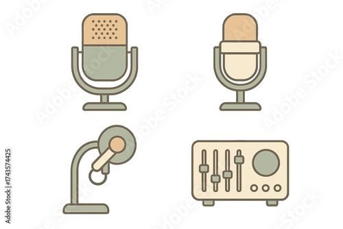 Retro style icons featuring professional studio microphones and an audio mixing console