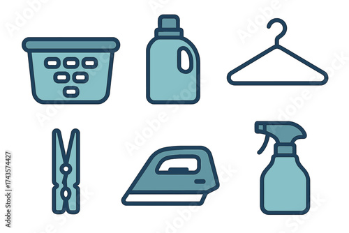 Essential household objects and tools used for washing and ironing clothes