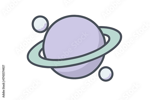 Simple flat design graphic of a ringed planet in space with two orbiting moons