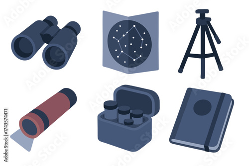 Essential equipment set for astronomy and stargazing observation on white background