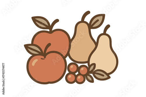 Autumn harvest arrangement of apples, pears, and berries in warm earthy colors