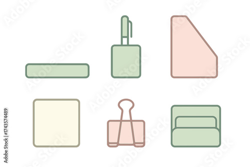 Minimalist collection of essential office stationery items and desk accessories icons