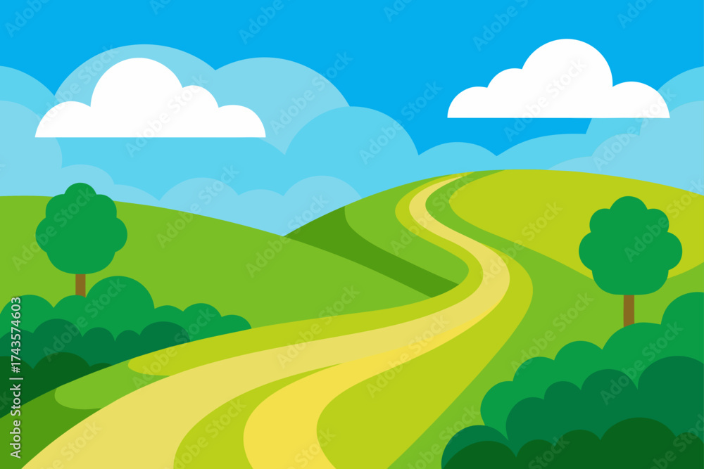 Fototapeta premium Winding path through green hills under a blue sky day