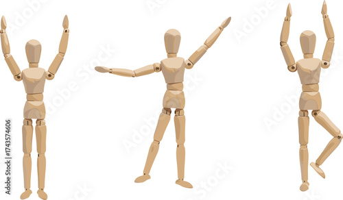 Wooden mannequin human figures posing, artist model dolls in different body positions, art reference design for drawing, anatomy, balance, and motion study