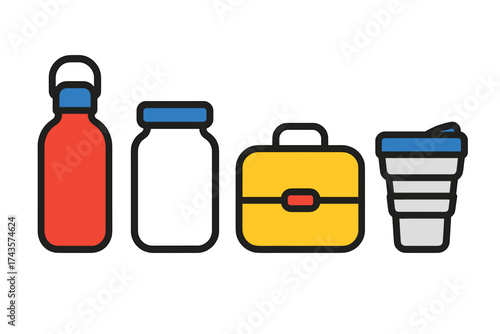 Set of everyday reusable containers for carrying meals and beverages in a simple flat design