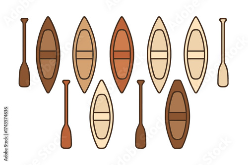 Repeating pattern of stylized wooden canoes and paddles in earthy tones for outdoor recreation
