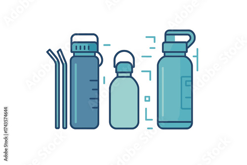 Set of reusable water bottles and metal straws promoting eco-friendly hydration