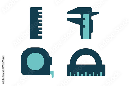 Ruler, caliper, tape measure, and protractor symbols for measurement and precision