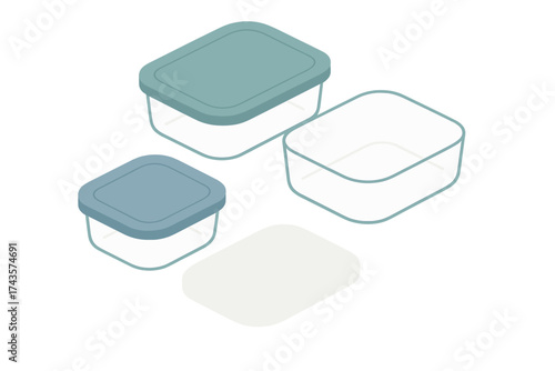 Set of reusable food storage containers with colored lids in isometric view
