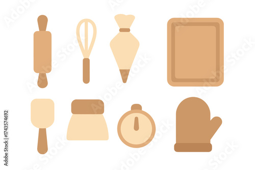 Essential kitchen equipment and baking tools set including rolling pin, whisk, and oven mitt