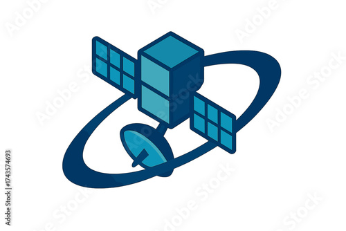 Isometric communication satellite icon orbiting Earth with solar panels and antenna