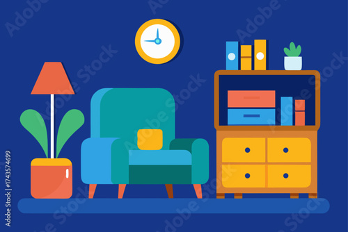 Illustration of a room with furniture and a clock