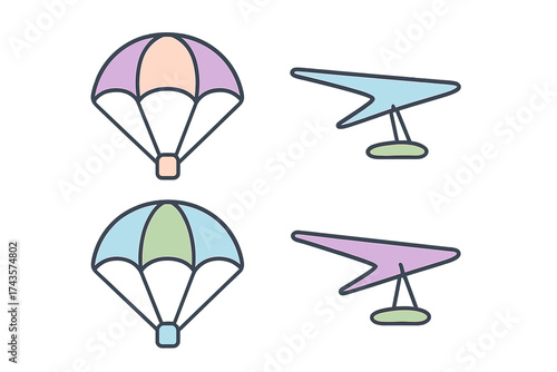 Minimalist outline icons set of extreme air sports equipment including parachutes and hang gliders