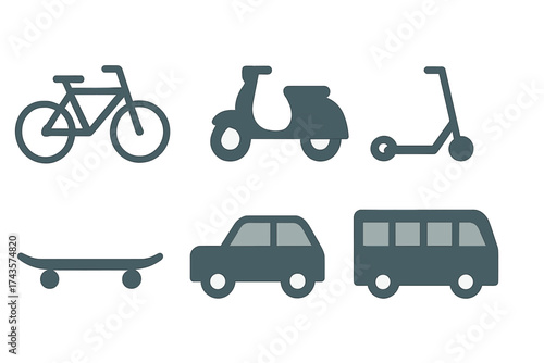 Modern symbols representing city transportation options and personal urban mobility