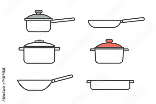 Collection of outline icons showing kitchen pots, pans, and cooking utensils