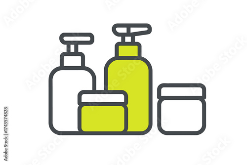 Set of cosmetic containers including pump bottles and cream jars for beauty products