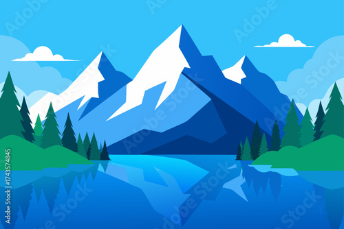 Landscape with mountains lake and trees illustration