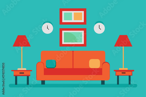 Living room interior with sofa lamps and wall decor