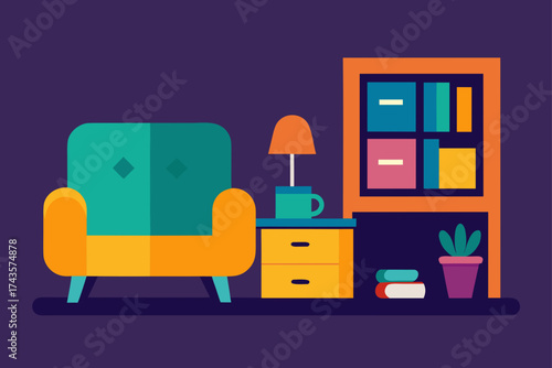 Illustration of a cozy room with furniture and books