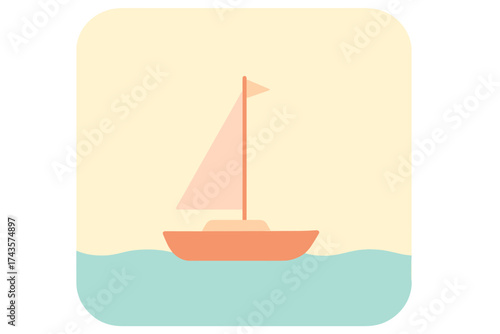 Minimalist sailboat floating on gentle waves under a soft pastel sky background
