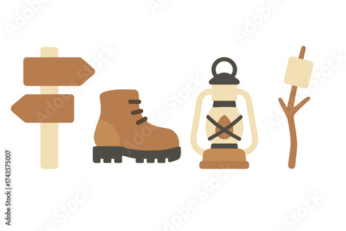 Essential gear for hiking and camping including boot, lantern, signpost, and marshmallow stick