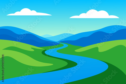 Landscape view with river mountains and two clouds