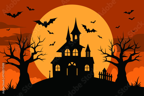 Silhouette of haunted house with bats and full moon