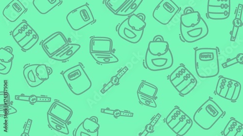 A repeating pattern of school supplies, including backpacks, laptops, and watches, on a green background.