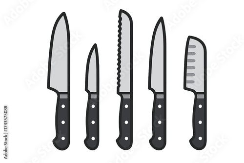 Set of essential kitchen knives including chef utility and serrated bread blades