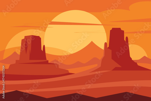 Illustration of desert landscape with a sunset view