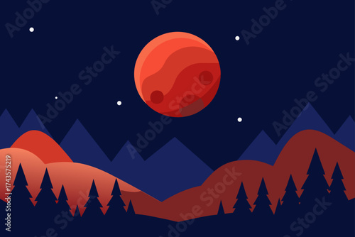 Blood moon over the mountains and forest at night