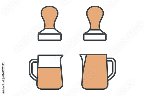 Barista equipment set featuring espresso tampers and milk steaming jugs
