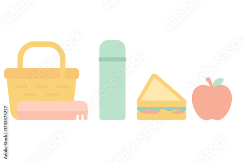 Picnic essentials set with basket, insulated bottle, sandwich, and apple