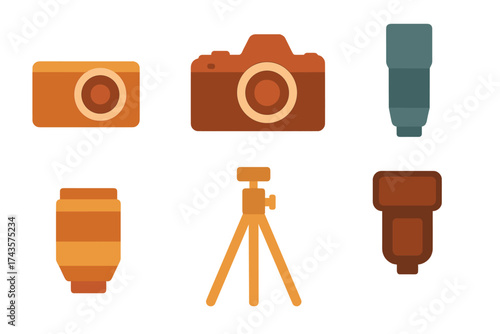 Essential photography equipment icons set featuring cameras, lenses, tripod, and flash unit