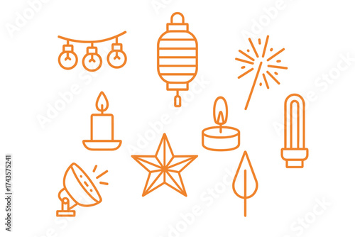 Outline icons of light sources and festive decorations for holidays and events