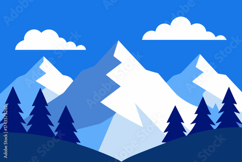 Illustration of mountains and trees under blue sky