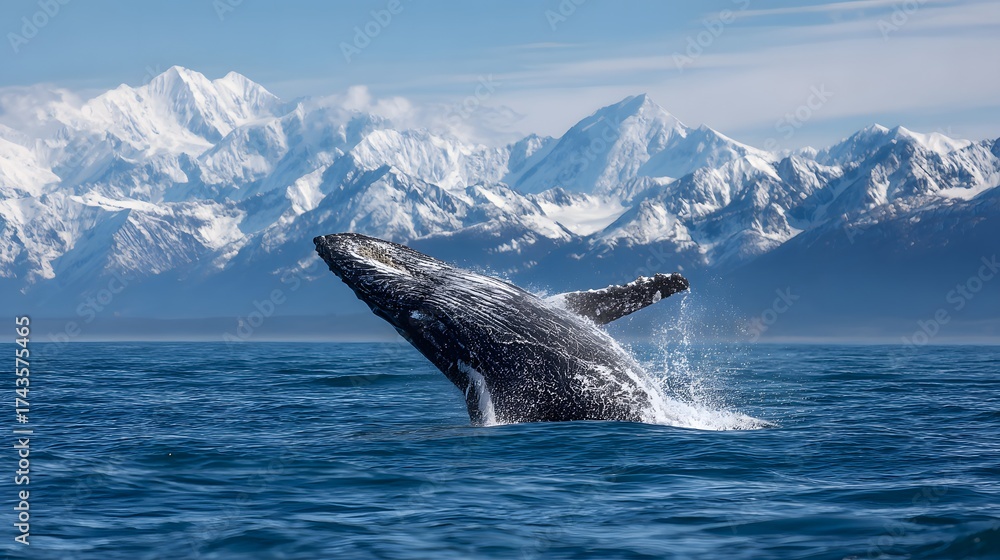 Fototapeta premium Majestic humpback whale breaches the surface of the ocean, displaying its massive form as it leaps from the water, with snow-capped mountains forming a stunning backdrop under a clear blue sky.