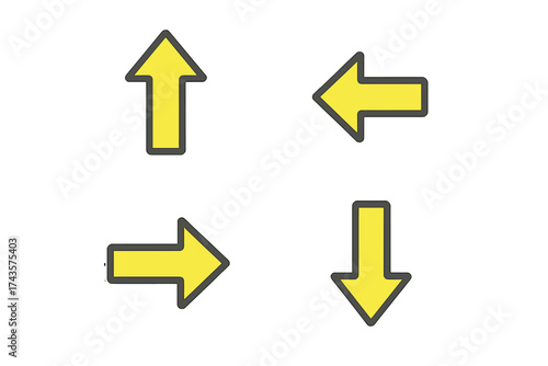 Set of four yellow directional arrows pointing up down left and right with thick gray outlines