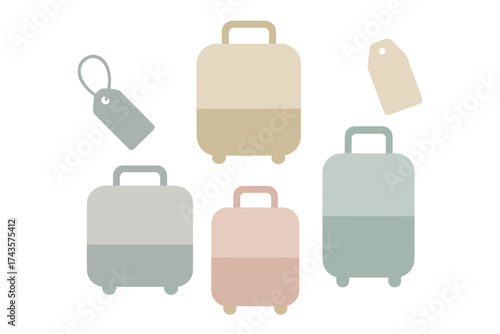 Minimalist travel luggage suitcases and baggage tags collection in soft pastel colors