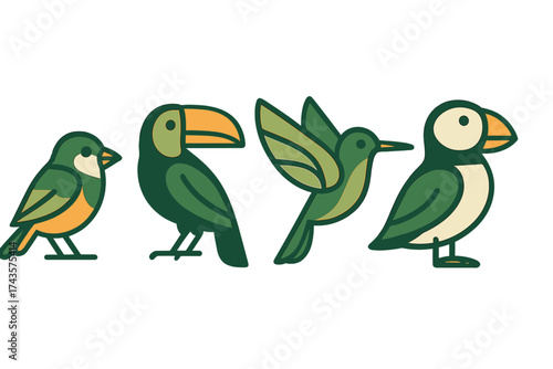 Stylized tropical and temperate bird set featuring toucan, hummingbird, and puffin