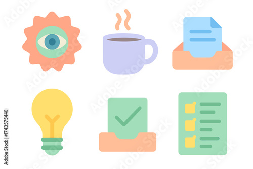 Colorful icons representing essential business concepts and office productivity symbols