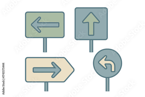 Directional road signs showing movement indicators left right and straight ahead